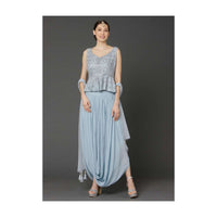 Powder Blue Sleeveless Peplum Top And Matching Skirt With Cowl Drape Online - Kalki Fashion