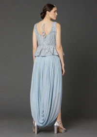 Powder Blue Sleeveless Peplum Top And Matching Skirt With Cowl Drape Online - Kalki Fashion