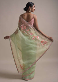 Powder Green Saree In Organza Adorned With Sequins And Pearls Embellished Floral Pattern Online - Kalki Fashion