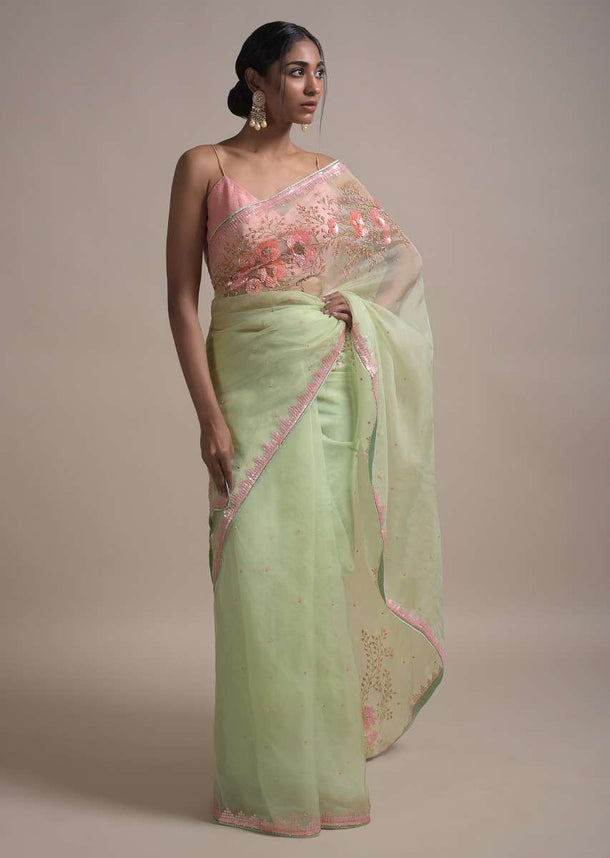 Powder Green Saree In Organza Adorned With Sequins And Pearls Embellished Floral Pattern Online - Kalki Fashion