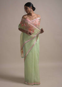 Powder Green Saree In Organza Adorned With Sequins And Pearls Embellished Floral Pattern Online - Kalki Fashion