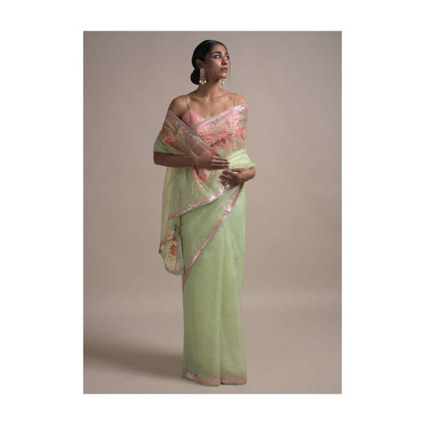 Powder Green Saree In Organza Adorned With Sequins And Pearls Embellished Floral Pattern Online - Kalki Fashion