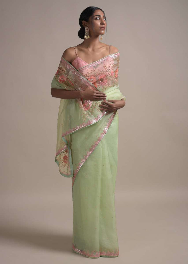 Powder Green Saree In Organza Adorned With Sequins And Pearls Embellished Floral Pattern Online - Kalki Fashion