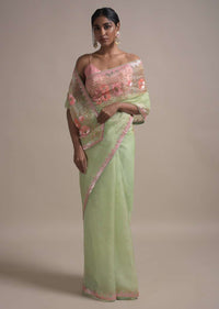 Powder Green Saree In Organza Adorned With Sequins And Pearls Embellished Floral Pattern Online - Kalki Fashion