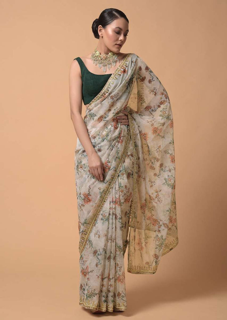 Powder Green Saree In Organza With Floral Print And Moti Accents