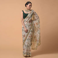 Powder Green Saree In Organza With Floral Print And Moti Accents