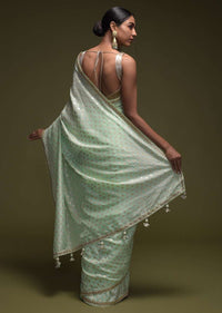 Powder Green Saree In Silk Blend With Brocade Buttis And Gotta Patti Embroidered Border Online - Kalki Fashion