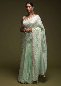 Powder Green Saree In Silk Blend With Brocade Buttis And Gotta Patti Embroidered Border Online - Kalki Fashion