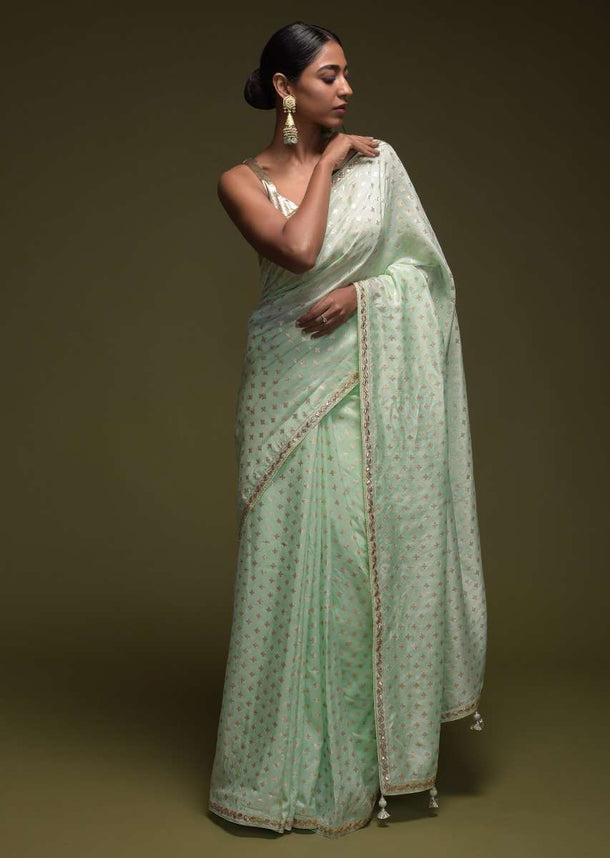 Powder Green Saree In Silk Blend With Brocade Buttis And Gotta Patti Embroidered Border Online - Kalki Fashion