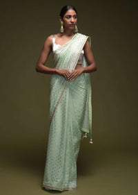 Powder Green Saree In Silk Blend With Brocade Buttis And Gotta Patti Embroidered Border Online - Kalki Fashion