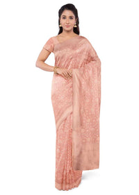 Powder peach banarasi saree with matching blouse piece only on Kalki