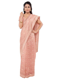 Powder peach banarasi saree with matching blouse piece only on Kalki