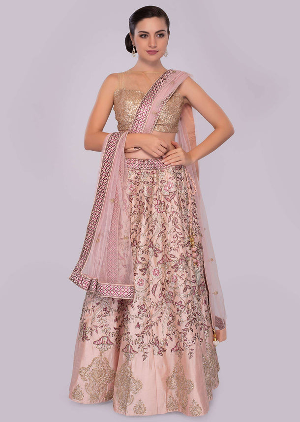 Powder peach cotton silk foil printed lehenga with embroidery work