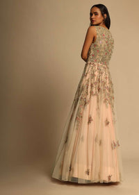 Powder Peach Gown In Net With Red Resham Flowers And Zari And Sequins Embroidered Leaves Online - Kalki Fashion