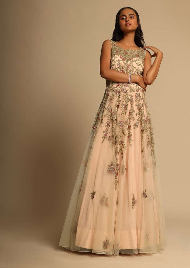 Powder Peach Gown In Net With Red Resham Flowers And Zari And Sequins Embroidered Leaves Online - Kalki Fashion