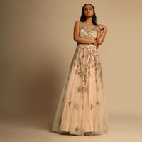 Powder Peach Gown In Net With Red Resham Flowers And Zari And Sequins Embroidered Leaves Online - Kalki Fashion