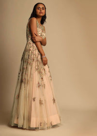 Powder Peach Gown In Net With Red Resham Flowers And Zari And Sequins Embroidered Leaves Online - Kalki Fashion