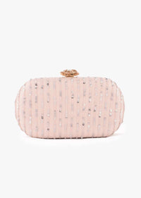 Powder Peach Rounded Box Clutch With Embroidered Net Adorned In Resham And Sequins In Striped Design Online - Kalki Fashion