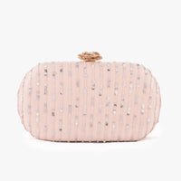 Powder Peach Rounded Box Clutch With Embroidered Net Adorned In Resham And Sequins In Striped Design Online - Kalki Fashion