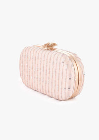 Powder Peach Rounded Box Clutch With Embroidered Net Adorned In Resham And Sequins In Striped Design Online - Kalki Fashion