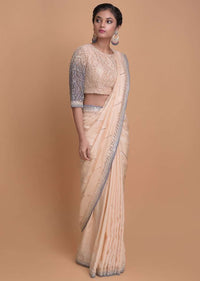 Powder Peach Saree In Cotton Silk With Mirror Embroidery Online - Kalki Fashion