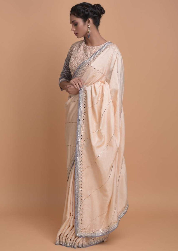 Powder Peach Saree In Cotton Silk With Mirror Embroidery Online - Kalki Fashion