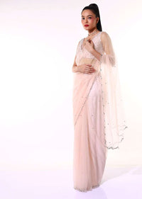 Powder Peach Saree In Net With Mirror Embroidered Scallop Cut Border And Ready Stitched Blouse