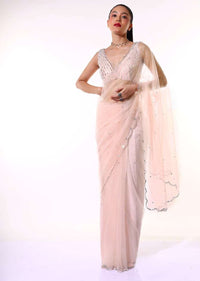 Powder Peach Saree In Net With Mirror Embroidered Scallop Cut Border And Ready Stitched Blouse
