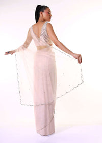 Powder Peach Saree In Net With Mirror Embroidered Scallop Cut Border And Ready Stitched Blouse
