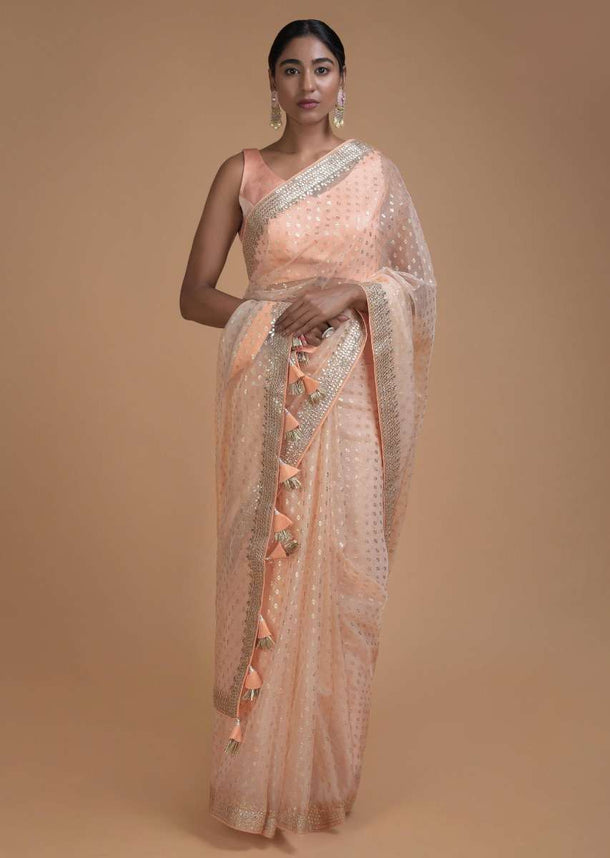 Powder Peach Saree In Organza With Foil Printed Buttis All Over Online - Kalki Fashion