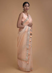 Powder Peach Saree In Organza With Foil Printed Buttis All Over Online - Kalki Fashion