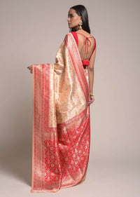 Powder Peach Saree In Silk With Woven Floral Jaal And Red Patola Pallu