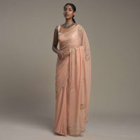 Powder Peach Shimmer Georgette Saree With Scattered Sequins And Moti Motifs Along With Unstitched Blouse Online - Kalki Fashion