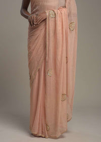 Powder Peach Shimmer Georgette Saree With Scattered Sequins And Moti Motifs Along With Unstitched Blouse Online - Kalki Fashion