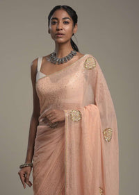 Powder Peach Shimmer Georgette Saree With Scattered Sequins And Moti Motifs Along With Unstitched Blouse Online - Kalki Fashion