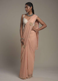 Powder Peach Shimmer Georgette Saree With Scattered Sequins And Moti Motifs Along With Unstitched Blouse Online - Kalki Fashion