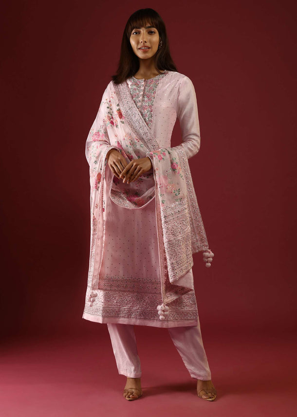 Powder Peach Straight Cut Suit With Multi Colored Thread Embroidered Floral Motifs On The Yoke And Organza Dupatta