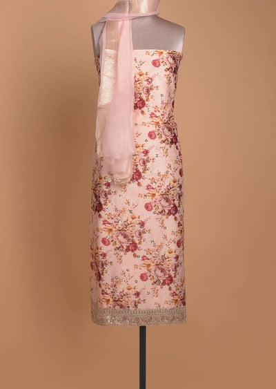Powder Peach Unstitched Suit With Floral Print And Embellished Buttis