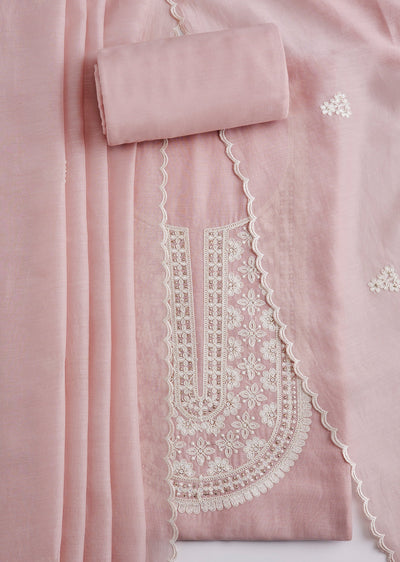 Powder Pink Embroidered Cotton Unstitched Suit Set Dupatta