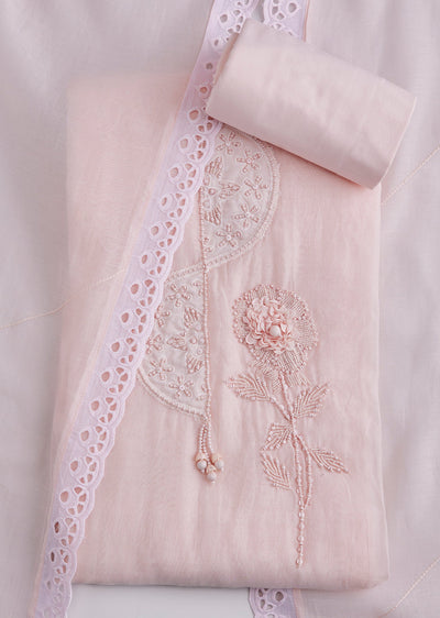 Powder Pink Cotton Lace Work Unstitched Suit Set With Dupatta