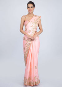 Powder pink cotton silk saree with gotta patch embroidered butti and border only on Kalki