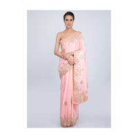 Powder pink cotton silk saree with gotta patch embroidered butti and border only on Kalki