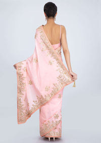 Powder pink cotton silk saree with gotta patch embroidered butti and border only on Kalki