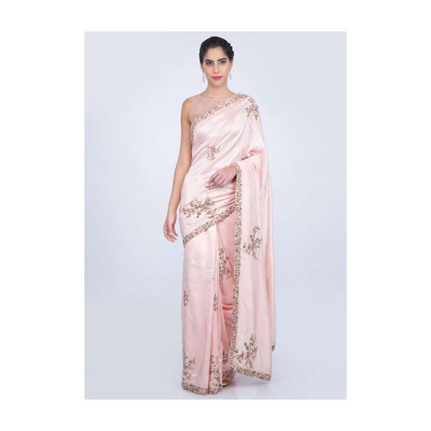 Powder pink dupion silk saree with florrla embroidered butti and border only on kalki