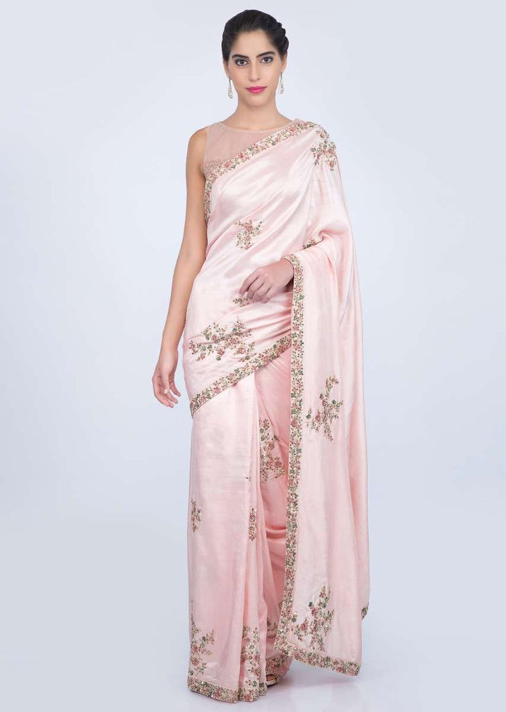 Powder pink dupion silk saree with florrla embroidered butti and border only on kalki