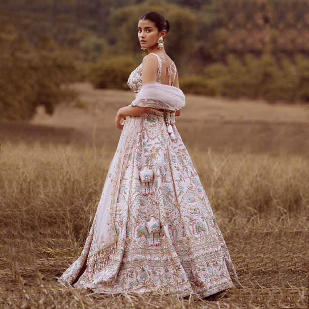 Powder Pink Lehenga Choli In Raw Silk With Colorful Resham And Cut Dana Embroidered Summertime Flowers And Mughal Motifs