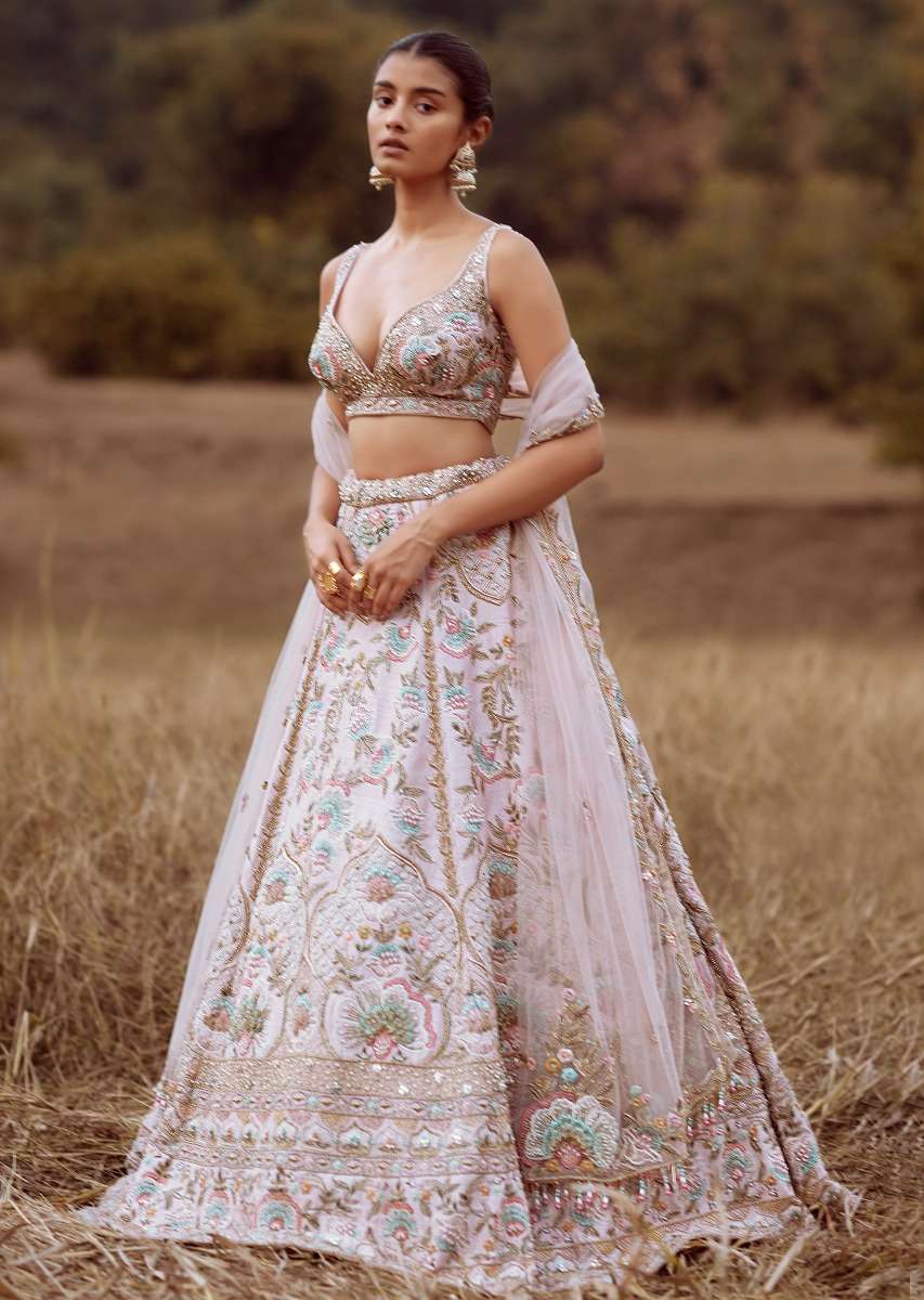 Powder Pink Lehenga Choli In Raw Silk With Colorful Resham And Cut Dana Embroidered Summertime Flowers And Mughal Motifs