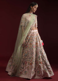 Powder Pink Lehenga Choli In Raw Silk With Hand Embroidered Floral Kalis Using Colorful Resham And Flower Sequins Online - Kalki Fashion