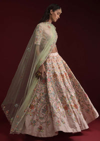 Powder Pink Lehenga Choli In Raw Silk With Hand Embroidered Floral Kalis Using Colorful Resham And Flower Sequins Online - Kalki Fashion