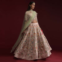 Powder Pink Lehenga Choli In Raw Silk With Hand Embroidered Floral Kalis Using Colorful Resham And Flower Sequins Online - Kalki Fashion